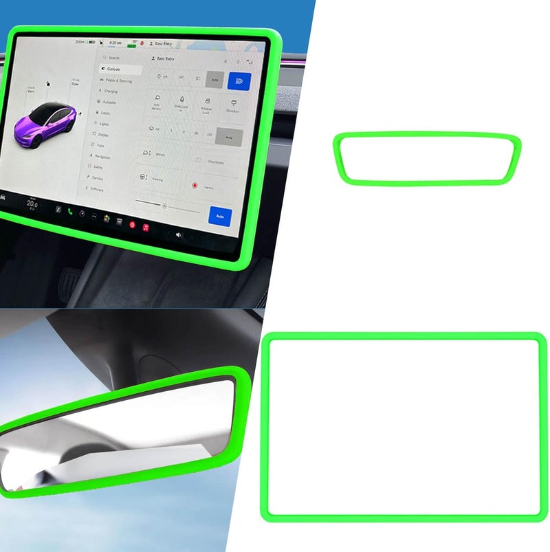 Yeapop 2Pcs Silicone Protector Frames of Screen and Rear View Mirror for Tesla Model 3 2024 Highland and Model Y 2025 Juniper. (Green) - Image 2